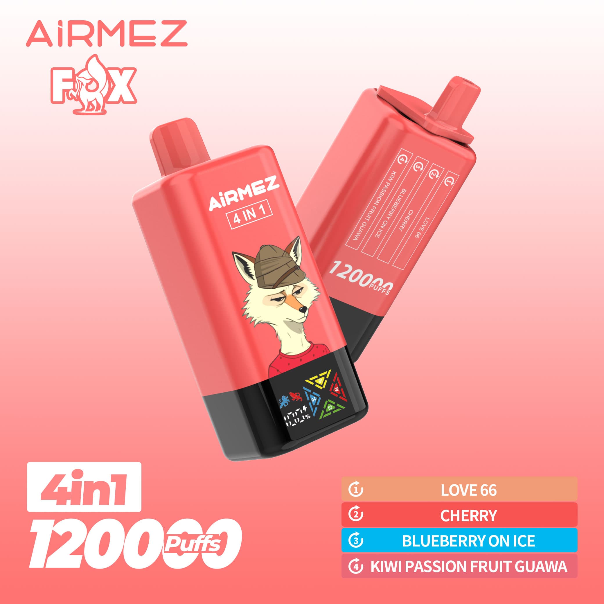 Airmez Fox 120K bouffées, 4 saveurs en 1, nouvelle cigarette électronique rechargeable originale avec écran LCD, jetable, entrepôt UE