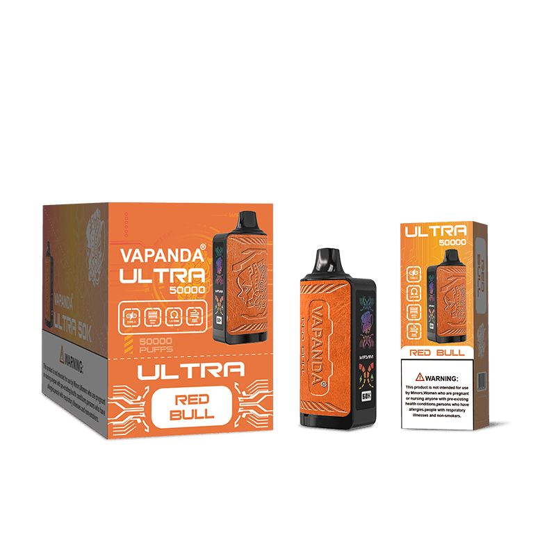 Vapanda Ultra 50k Vape, cigarette électronique jetable de luxe avec écran latéral et cuir, très tendance.