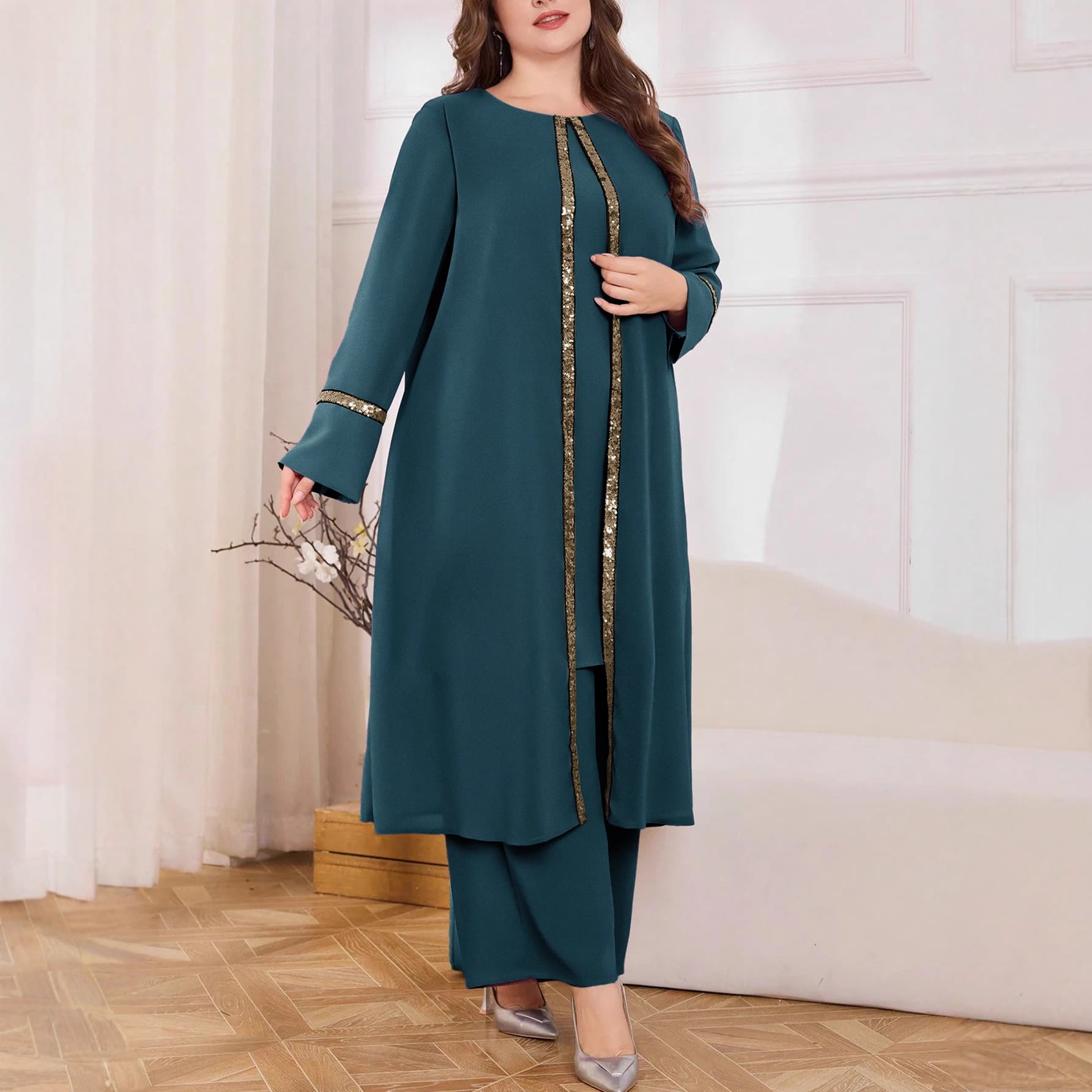 Plus-Size Muslim Set – Sparkle Embellished Top & Flowy Pants (2 Elegant Colors) | Modest & Stylish Women's Outfit