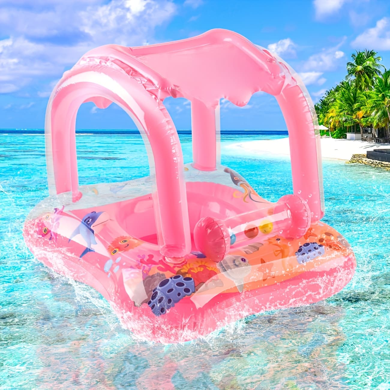 1pc Thickened Inflatable Sunshade Bell Seat Ring Blue Pink PVC Material Swimming Seat Ring Floating Ring Armpit Ring Beach Toy