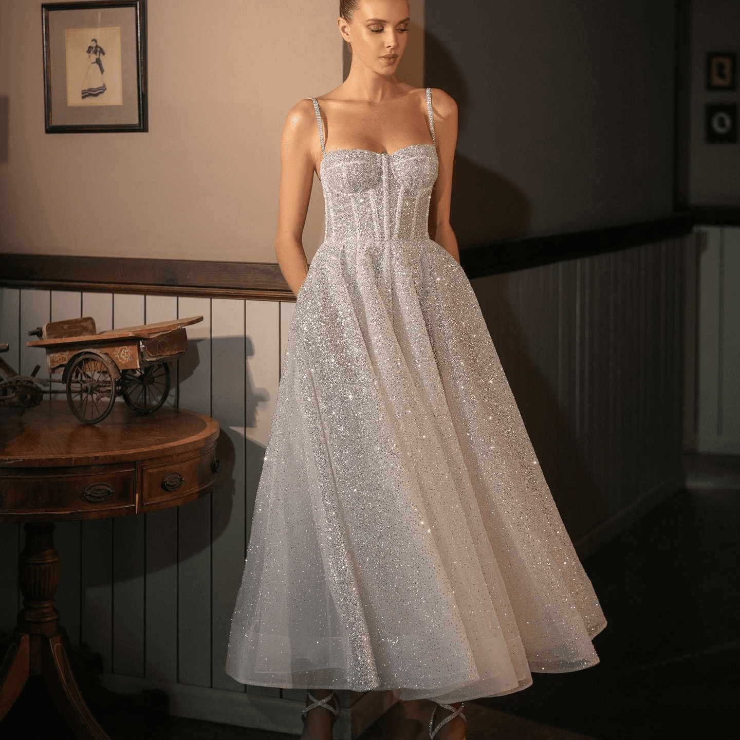 Women's Clothing Hot selling suspender silver spray short wedding dress with puffy skirt and shiny party dress supply supports one piece delivery
