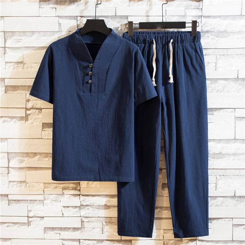 Men's Clothing Summer Linen Suit Cotton And Linen Loose Casual Short Sleeved T Shirt Nine Point Pants Two Piece Suit