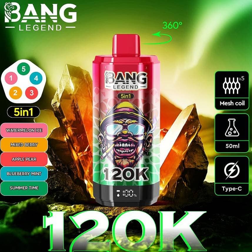 1 cigarette électronique jetable Bang Legend 120 000 bouffées, résistance Mesh 120k, affichage LED, 5 saveurs en 1 réglables, 2 % de nicotine