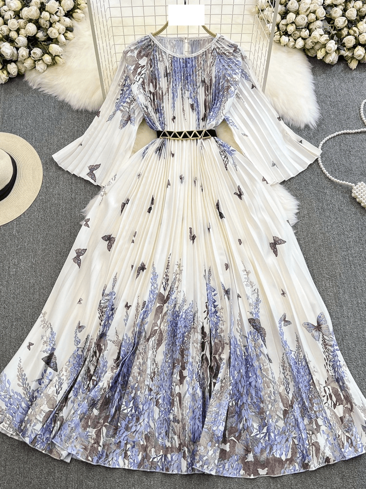 Women's three-quarter sleeves round neck waist slimming A-line positioning print pleated dress elegant long skirt