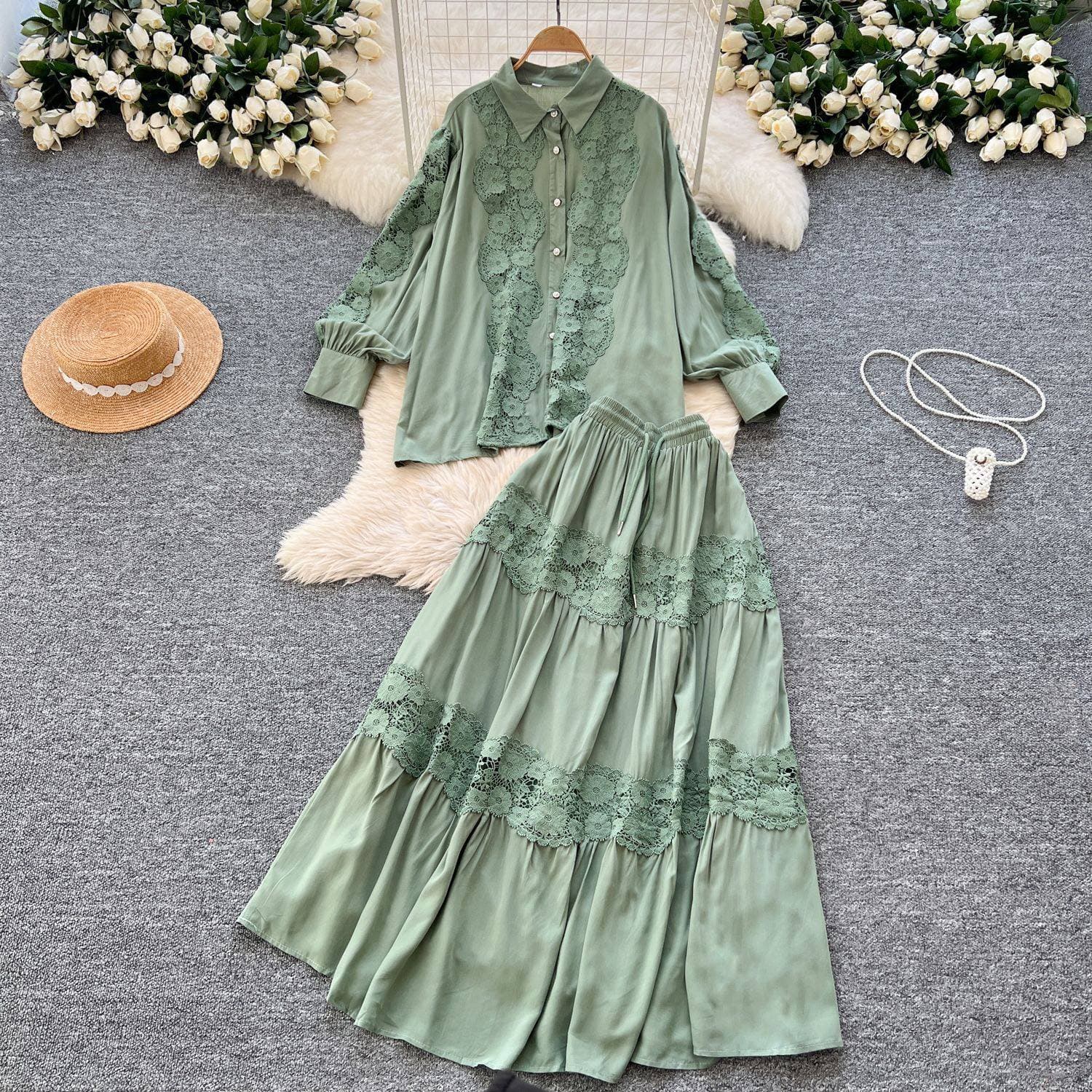 Women's Clothing Spring Two Piece Suit Retro Hollow Lace Stitching Long Sleeved Shirt High Waisted Skirt