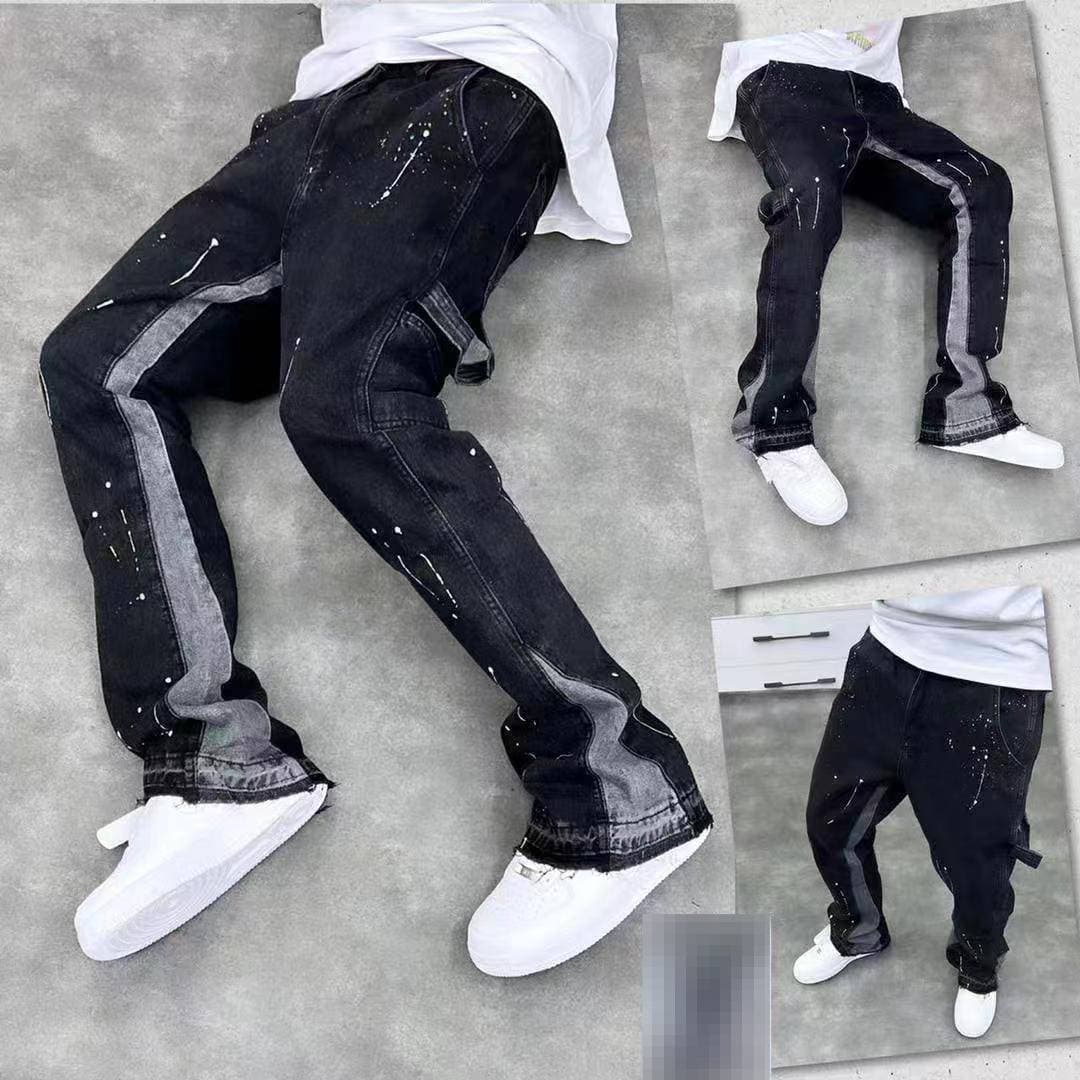 Men's High Street Splatter Wash Flared Jeans Retro Loose Straight Fit Casual Long Pants​