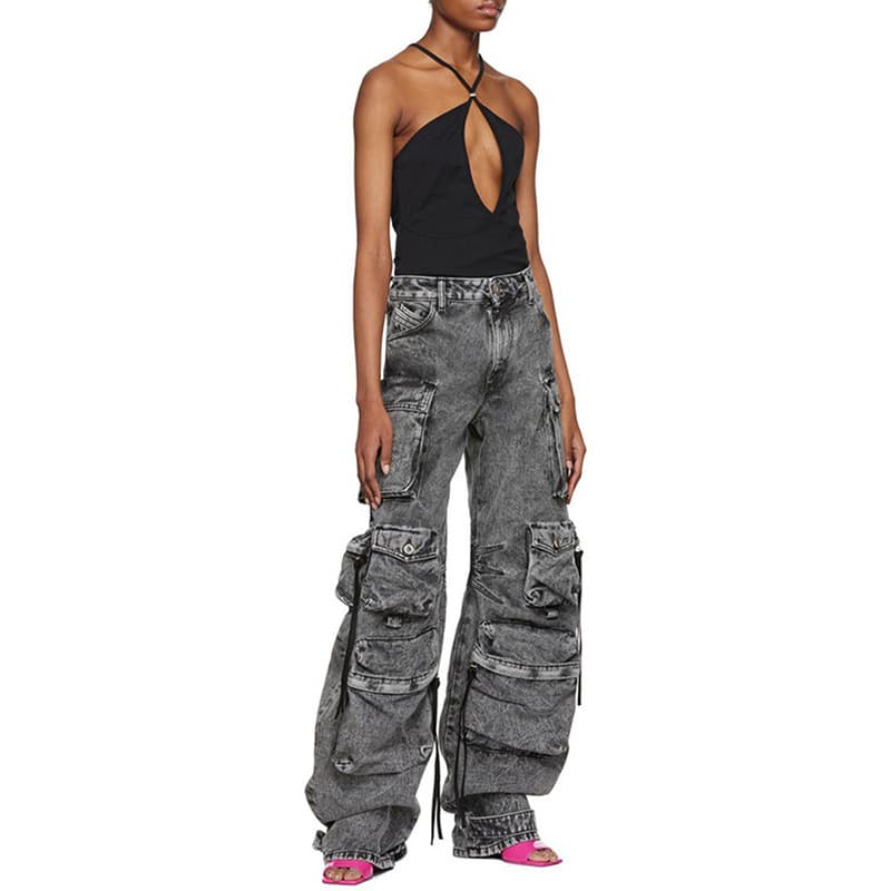 Women's Clothing Street Trendy New Style Fashionable Smoky Gray Spliced Multi Pocket Overalls Street Washed And Distressed Long Wide Leg Pants
