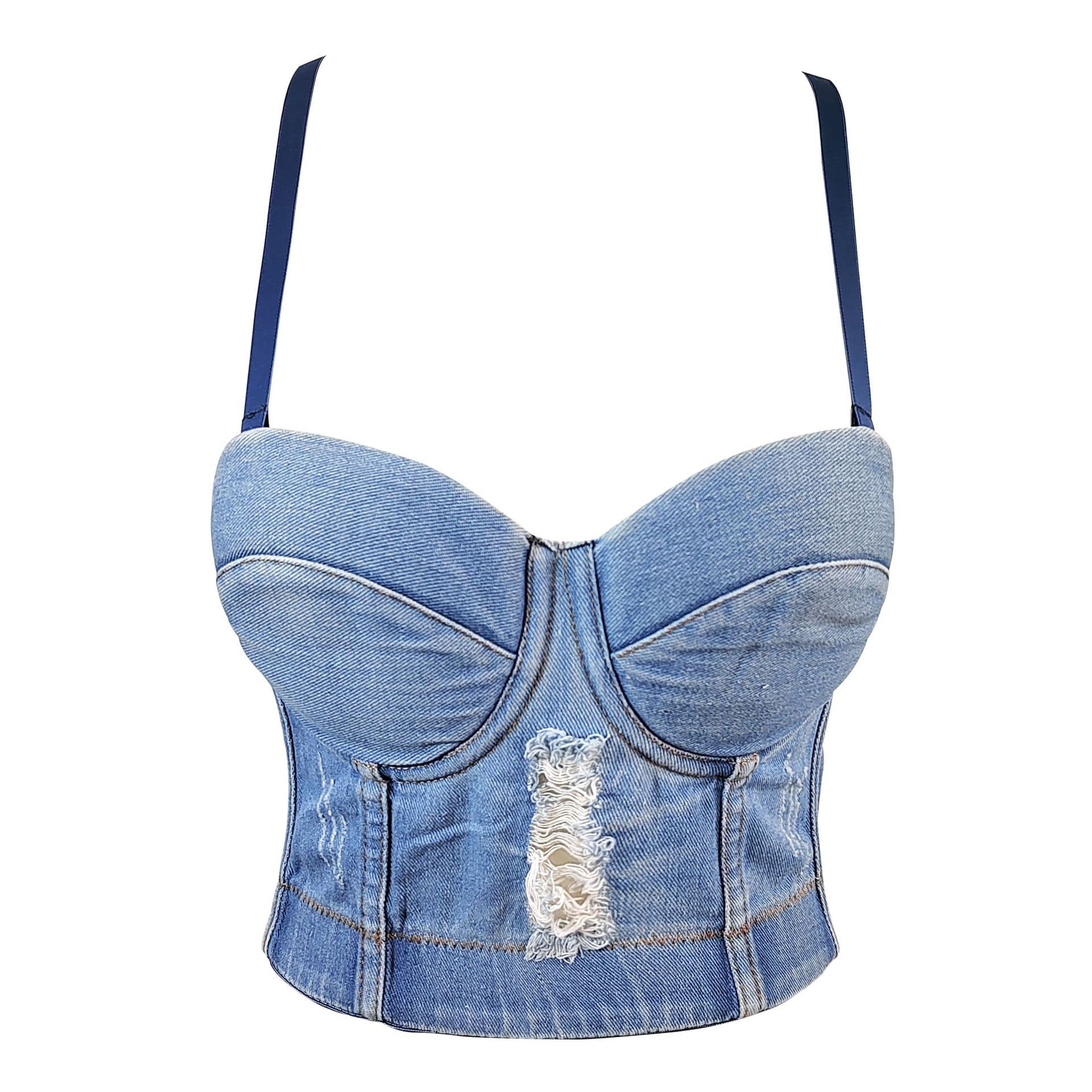 European and American ripped denim camisole outerwear short sexy cropped fishbone bra bra free underwear DJ hottie top