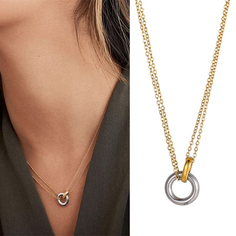 Women's Jewelry Stainless Steel Double Color Vacuum Plating Necklace Geometric Circle Double Ring Pendant Fashion Necklace