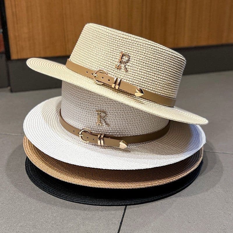 Pdmcms Diamond Label Straw Hat Women's Summer Beach Sunshade Hat Straw Weaving Sunscreen Hat French Belt Retro Top Hat