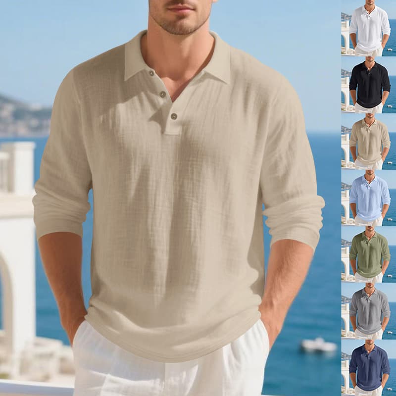 2025 Autumn New American Style Loose Solid Color Turn-Down Collar Casual Business Men's Long Sleeve Polo Shirt