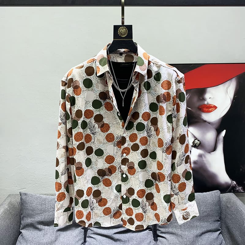 Men's Clothing Print Polka Dot Print Autumn Retro Pointy Collar Long Sleeved Shirt Casual Versatile Loose Shirt