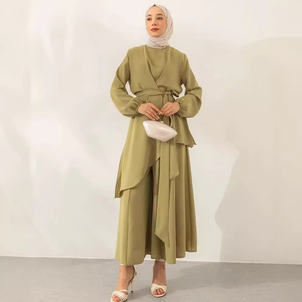 Women's Clothing Set Muslim Style Solid Color Fashion Strap Wide Leg Pants Set