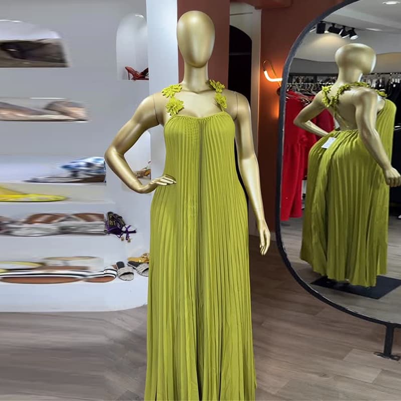 Summer New Style Spaghetti Strap Backless Pleated Long Dress Sweet And Fresh For American Women