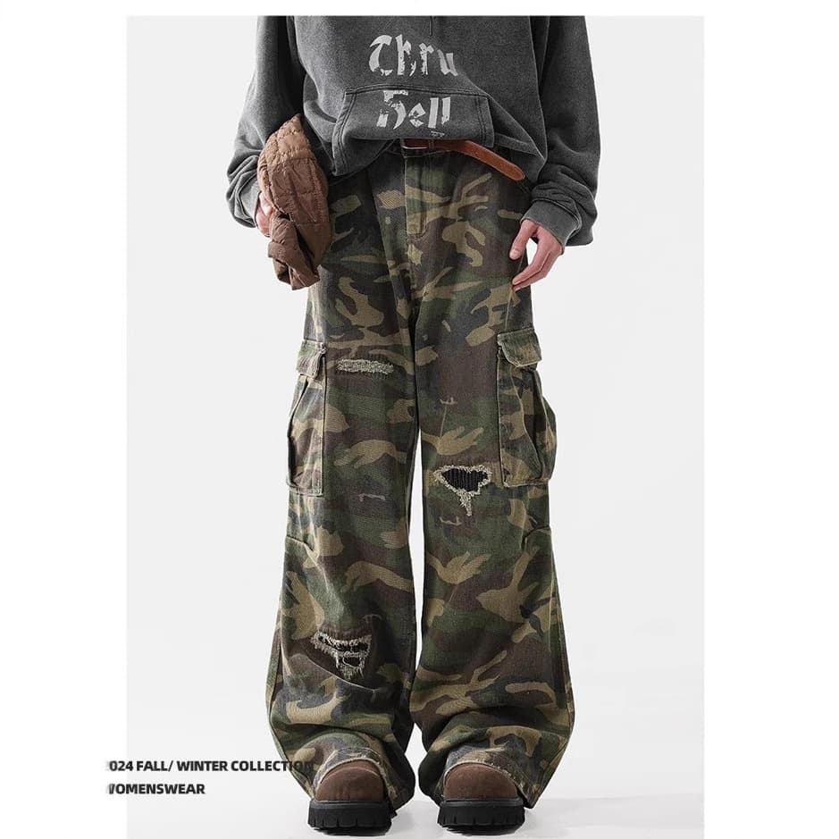 Men's Clothing High Street Pure Wild Hole Camouflage Pants Men And Womentrend Big Pocket Casual Overalls Loose Vibe