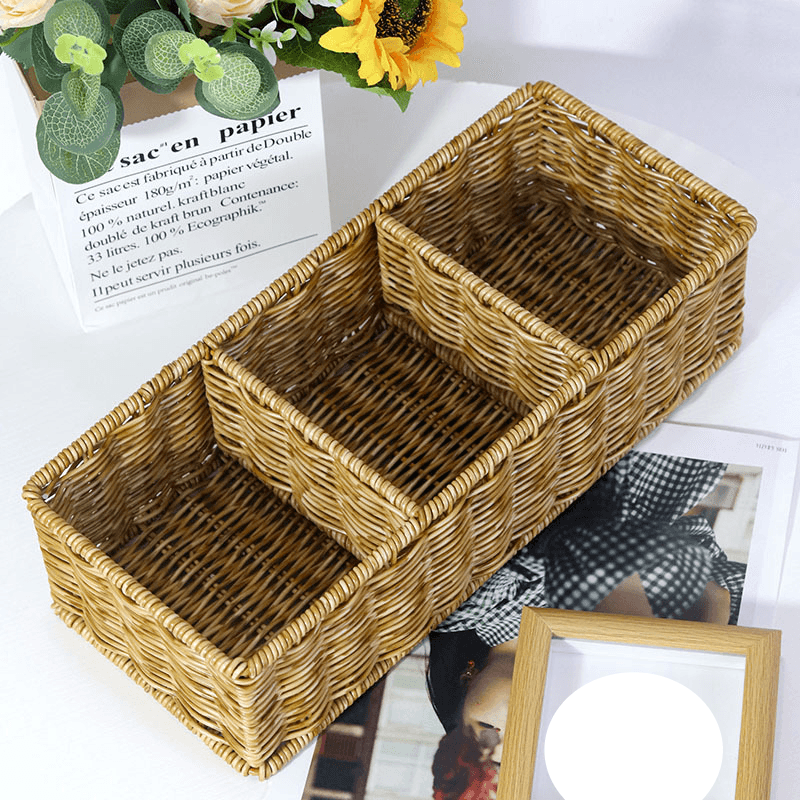3-Compartment Woven Storage Basket - Handmade Desktop Organizer For Snacks, Nuts & Small Items