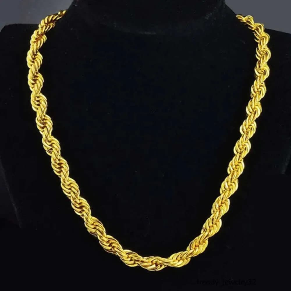 Hip Hop 24 Inches Mens Solid Rope Chain Necklace Yellow Gold Filled Statement Knot Jewelry Gift 7mm Wide