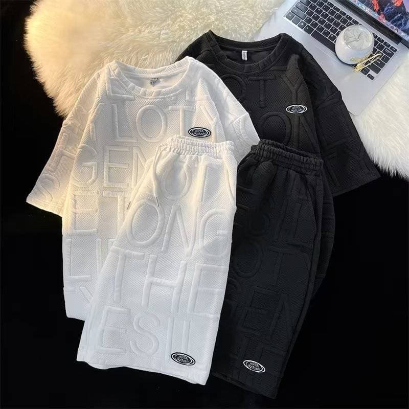 Unisex Waffle-Knit Casual Sport Set – College Style Short Sleeve Tee & Relaxed Shorts (M-3XL, Breathable & Quick-Dry, Streetwear Essentials)
