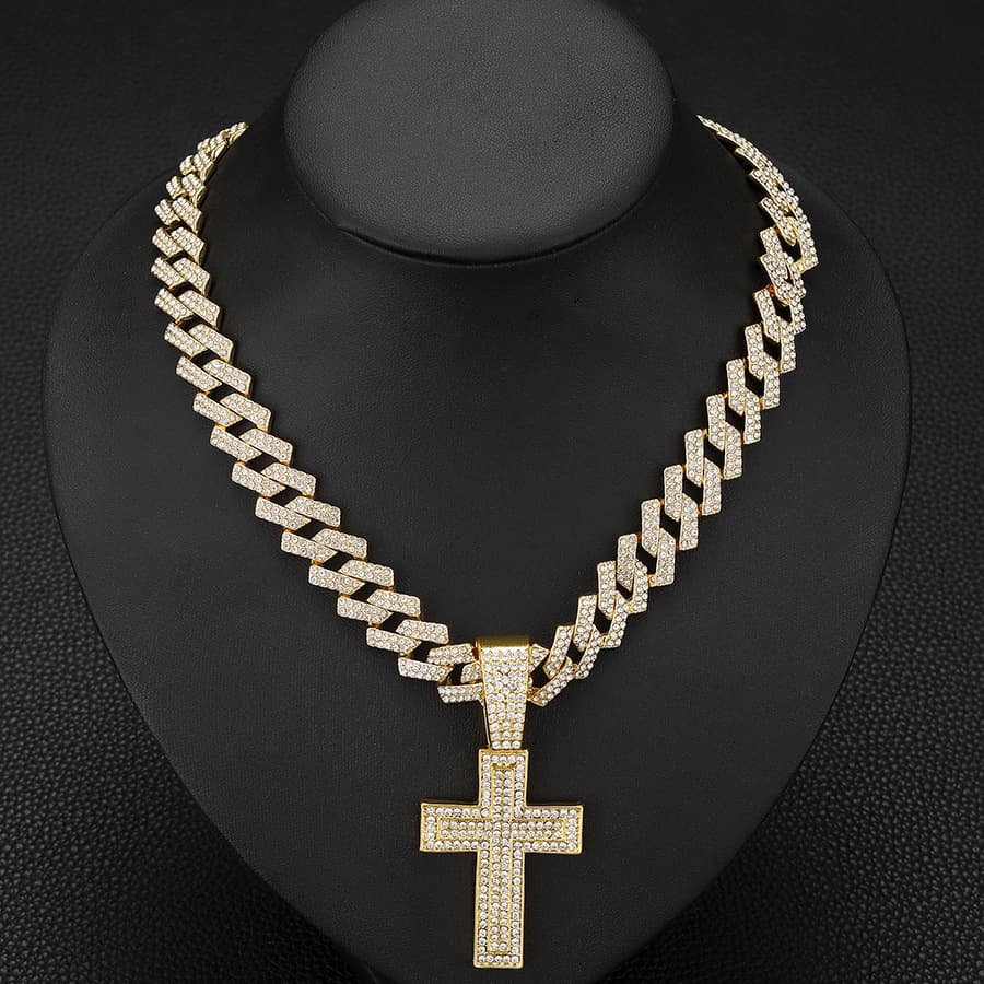 Hip Hop Elegant And Luxurious Gifts Alloy Full Diamond Cross Pendant Fashion Trend Rap Diamond Men's Cuban Chain Necklace Jewelry
