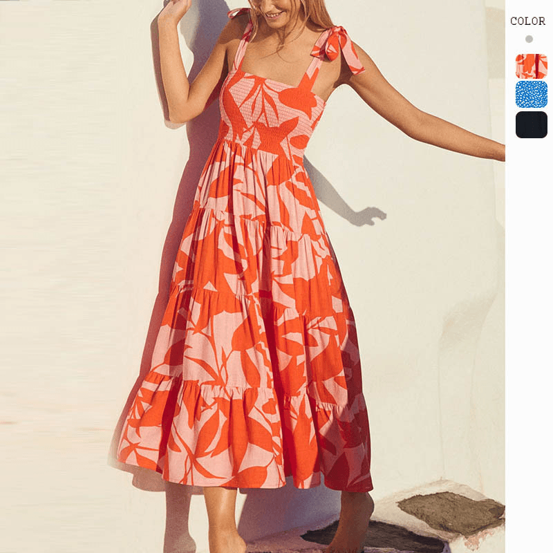 Women's Clothing Spring And Summer New Personality Skirt Elegant Printed Sleeveless Backless Strappy Dress