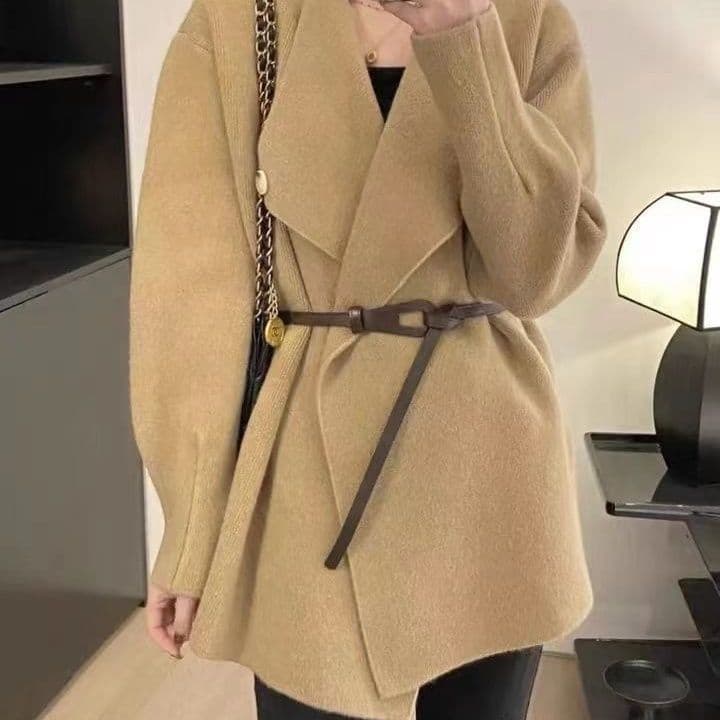 ​​Women's Elegant Korean-Style Chunky Knit Cardigan Asymmetrical Hem Belted Long Sleeve Blazer Lapel Button-Up Sweater Coat​​