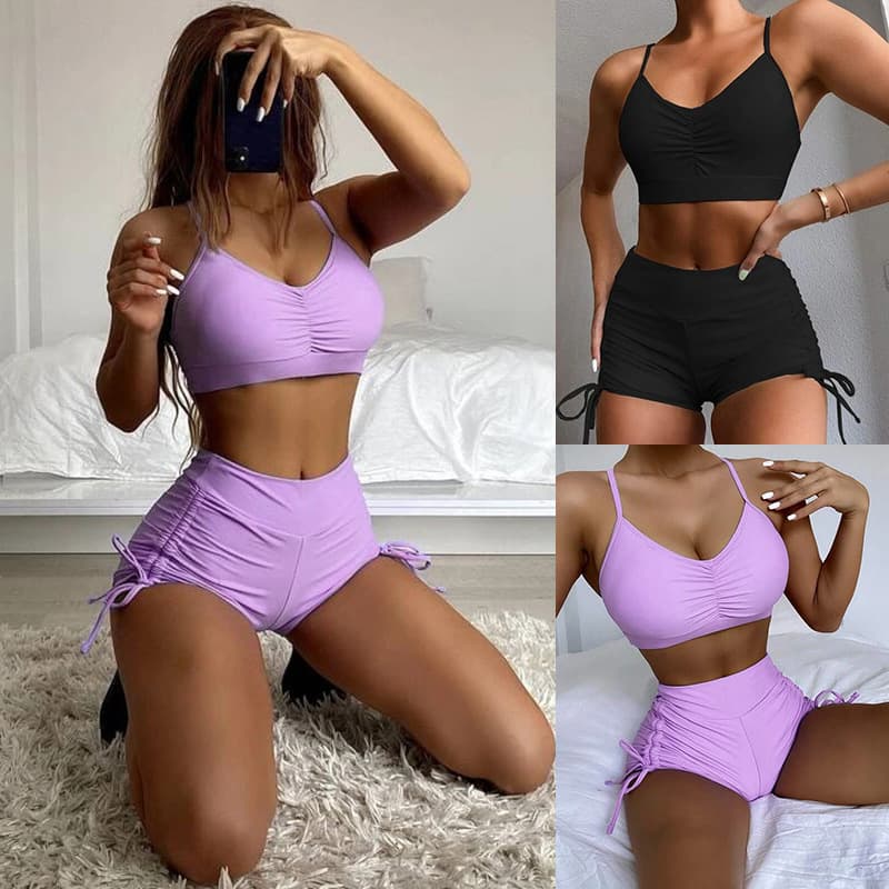 Women's Split High-waisted Boxer Briefs, Drawstring Design, Tight And Slim Female Swimsuit.