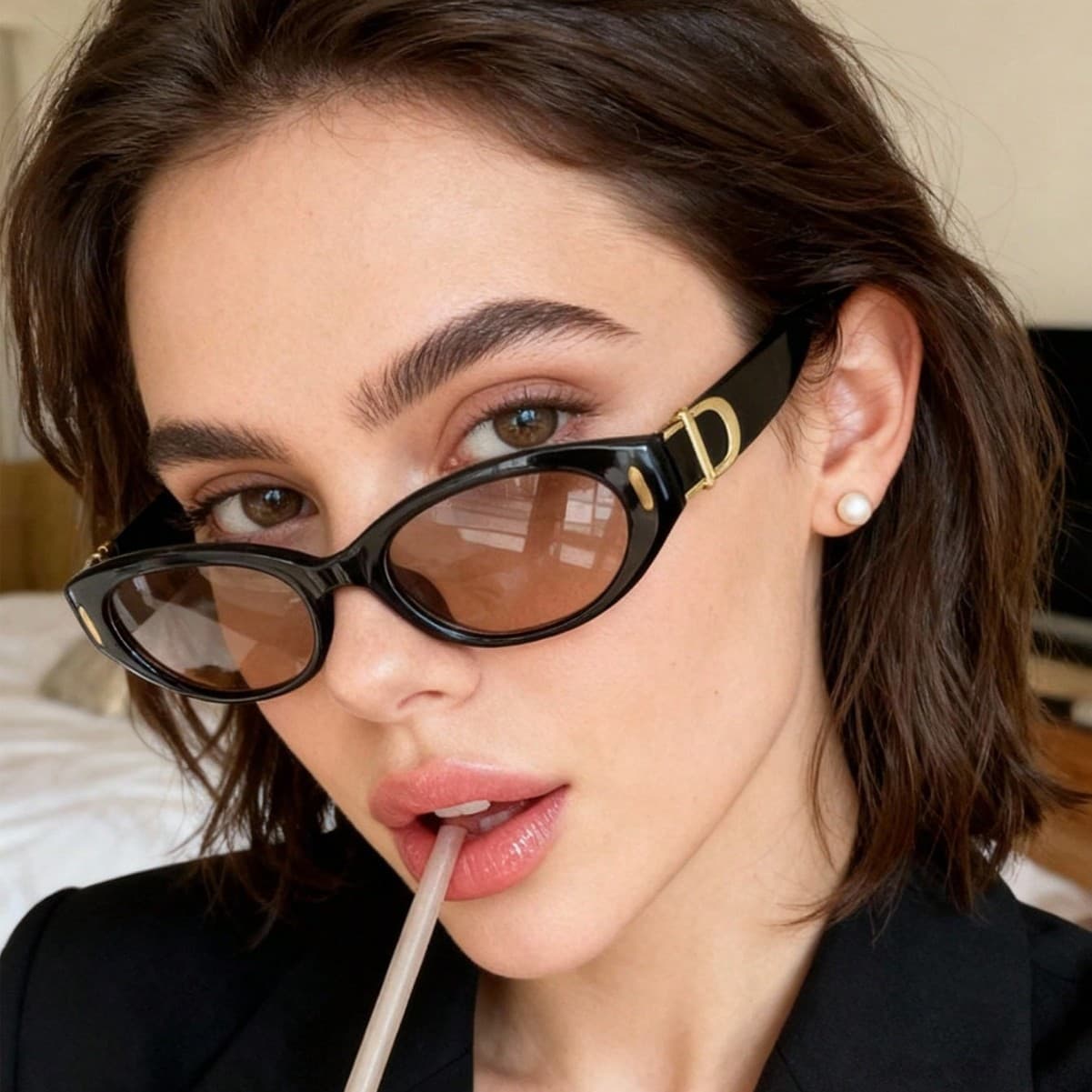 French Retro Style Cat Eye Sunglasses For Women With Metal Letter Decoration And Studded Design Narrow Frame Fashionable Sun Glasses