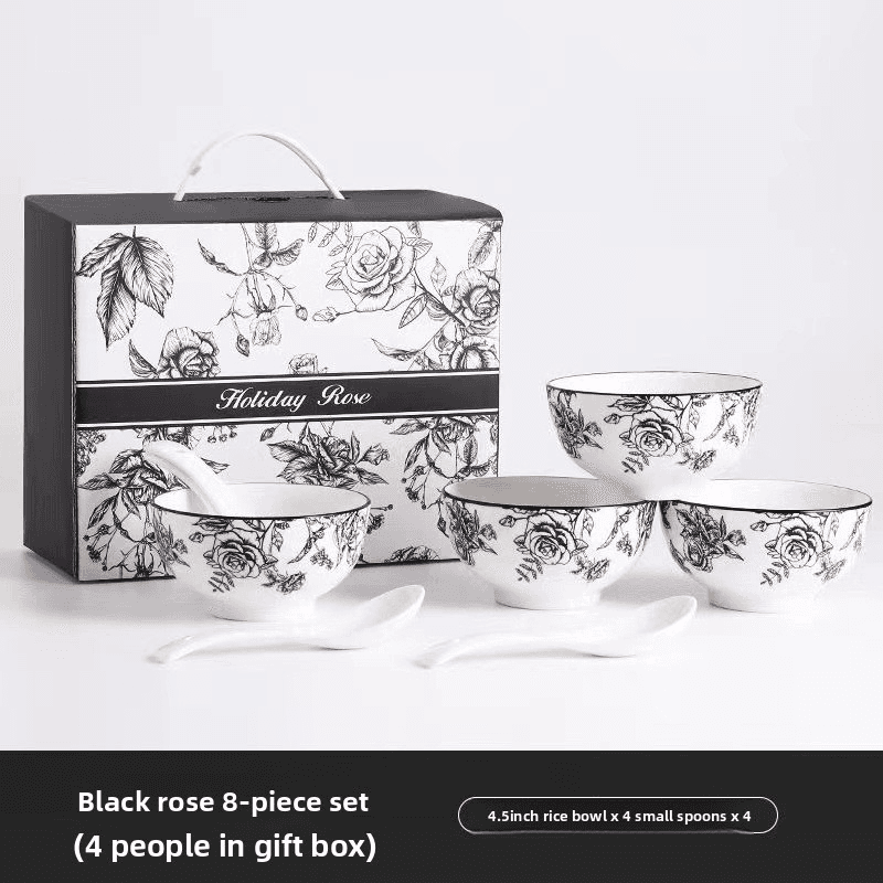 ​Rose-Patterned Ceramic Dinnerware Set - Under-Glaze Porcelain Gift Box For Housewarming