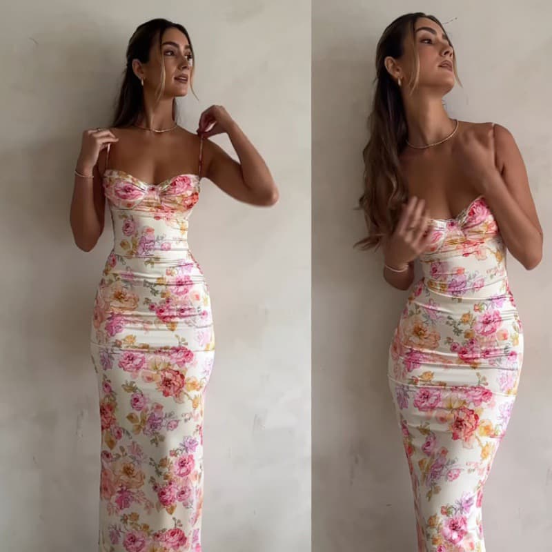 Women's Clothing Suspender Skirt Flower Print Sexy Bust Dress Temperament Fashion Long Skirt Dress