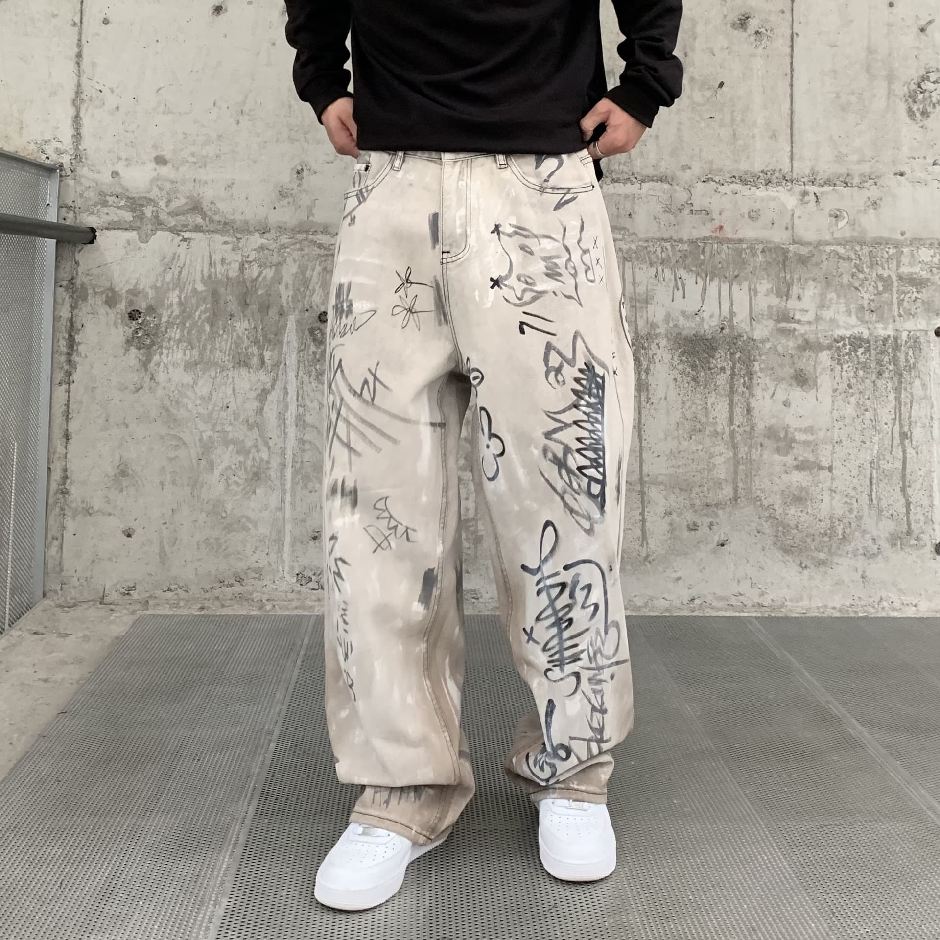 Men's Clothing High Street Ink Splashed Design Jeans For Men Spring And Autumn Trendy Casual Straight Pants For Men