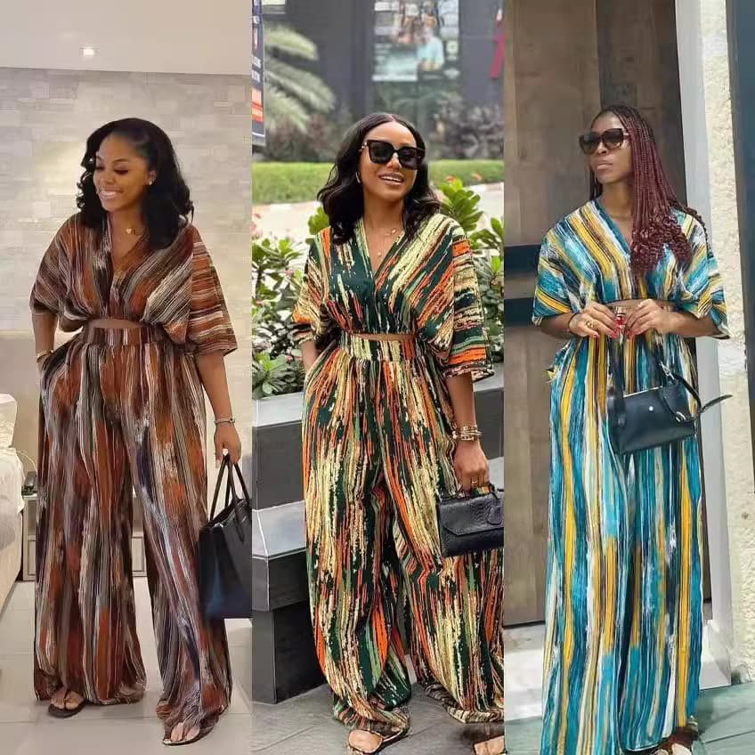 Women's Clothing V-neck short-sleeved wide-leg pants suit irregular striped printing