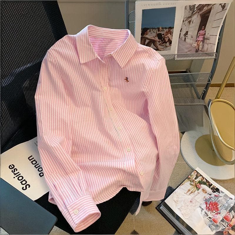 Chemise à rayures pour femme, manches longues, taille S, style doux, collection printemps-automne.