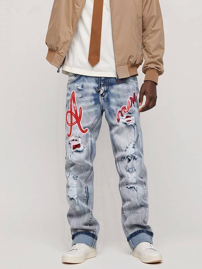 ​Y2K Heavy Embroidery Wide Leg Jeans - Vintage Washed Distressed Denim Pants For Streetwear & Retro Fashion​