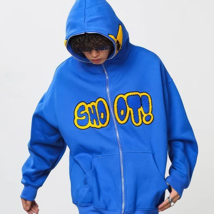 Letter Shoot Full Zip Hoodie Personality Printed Hoodie Hipster Men's Coat Fleece Clothing
