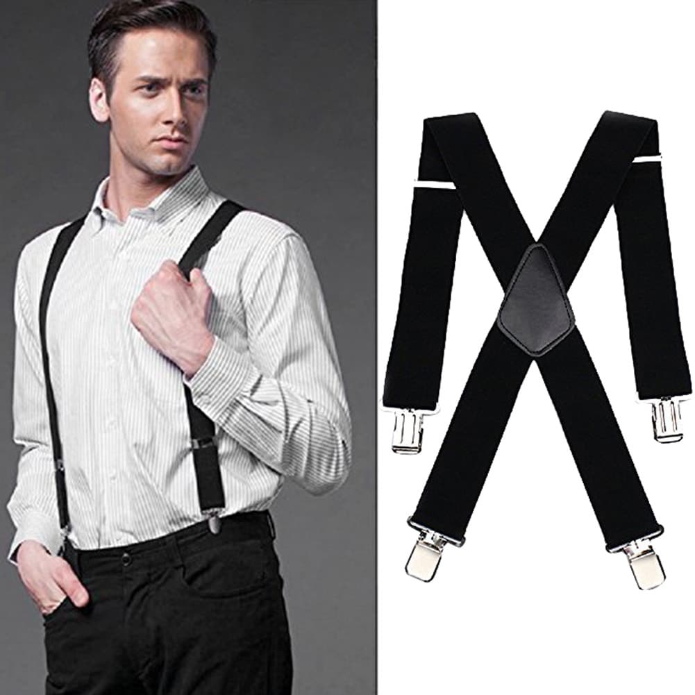Zhuoxinder Adjustable Men Elastic Clip-on X-Back Suspender Pants Wide Band Braces Strap-Black