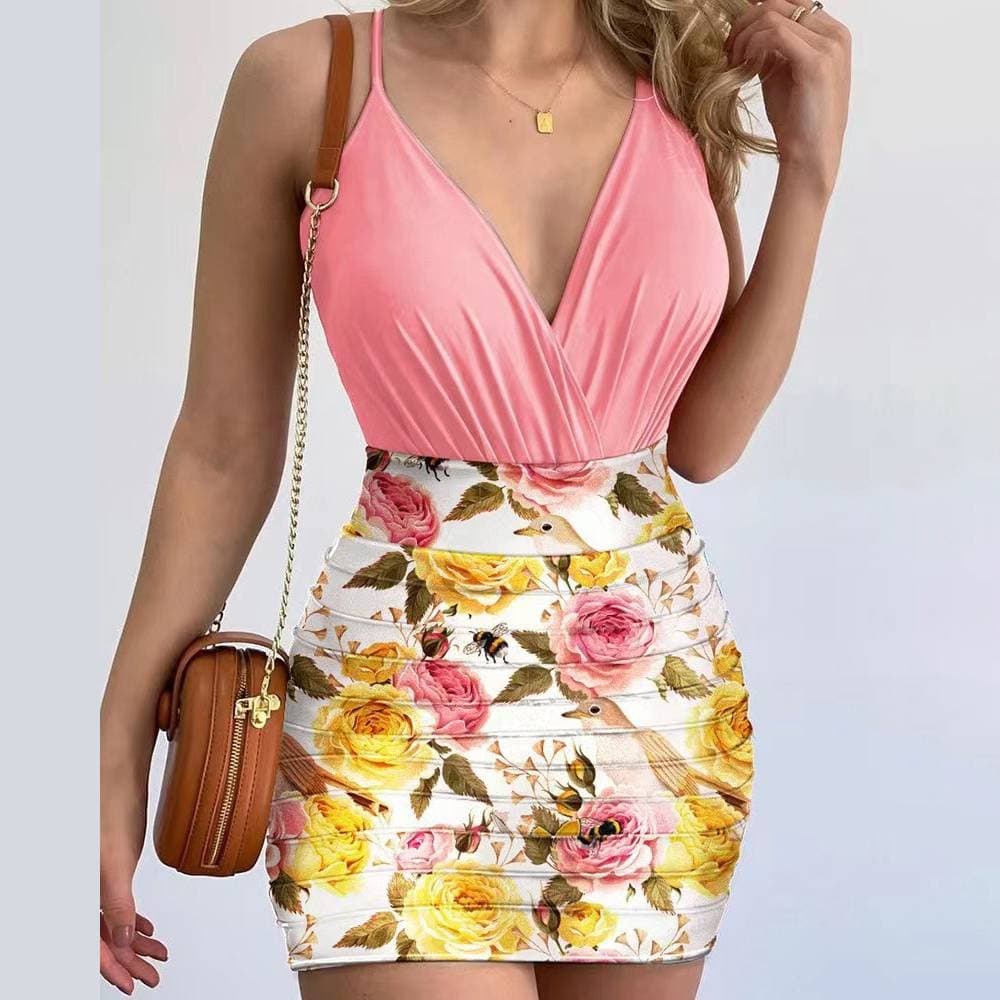 Women's Clothing Bodysuit And Trendy Floral Print Skirt Suit