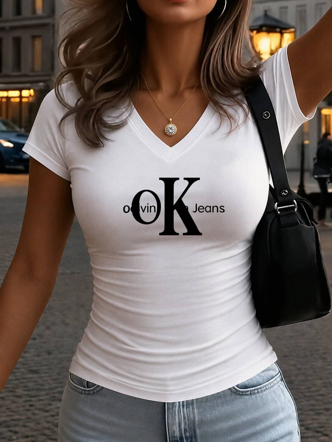 European And American Sexy Slim Fit T-shirt With Printed V-neck And Pleated Waist