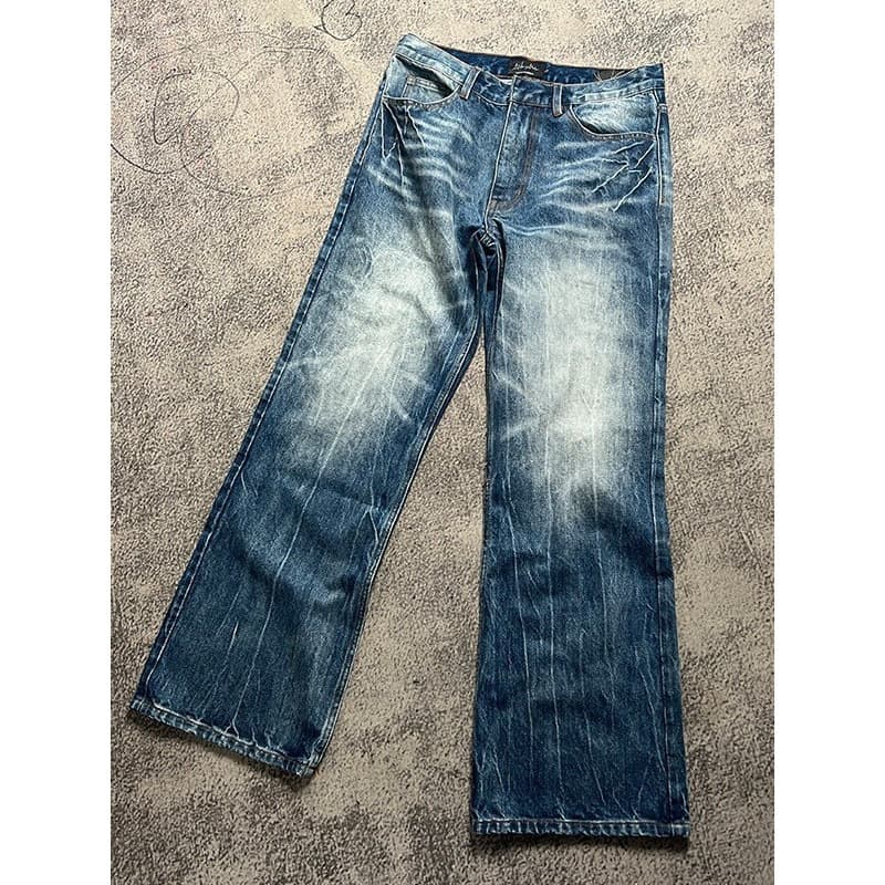 Men's Clothing Retro Dark Blue Lightning Cracked Jeans For Men And Women Loose Wide Leg Pants Washed Straight Flared Pants