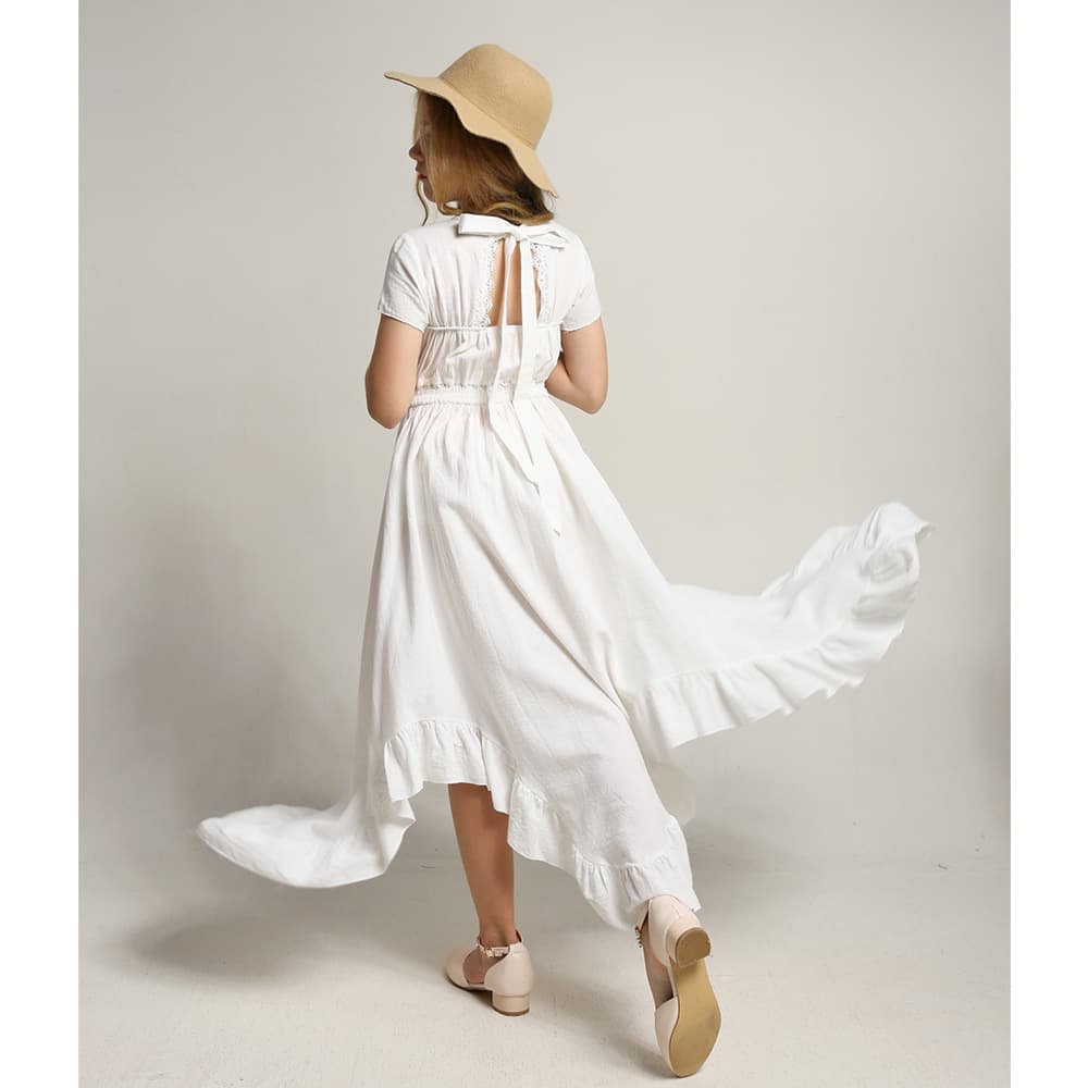 Mother & Kids Girls Summer Solid Color Cotton And Linen Strappy Backless Dress For Middle And Large Children Short Sleeved Irregular Evening Dress