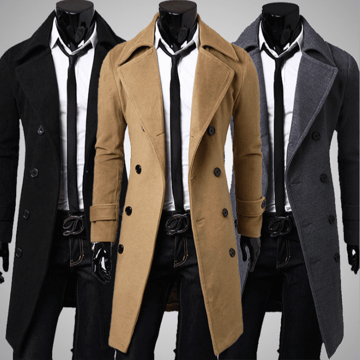 Men's long double-breasted trench coat men's tweed coat slim tweed coat