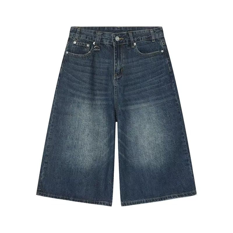 Men's clothing Summer niche all-match retro distressed blue denim shorts men's loose straight wide-leg cropped pants drape