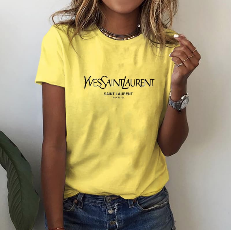 T-shirt imprimé décontracté à manches courtes YSL pour femme, style streetwear.