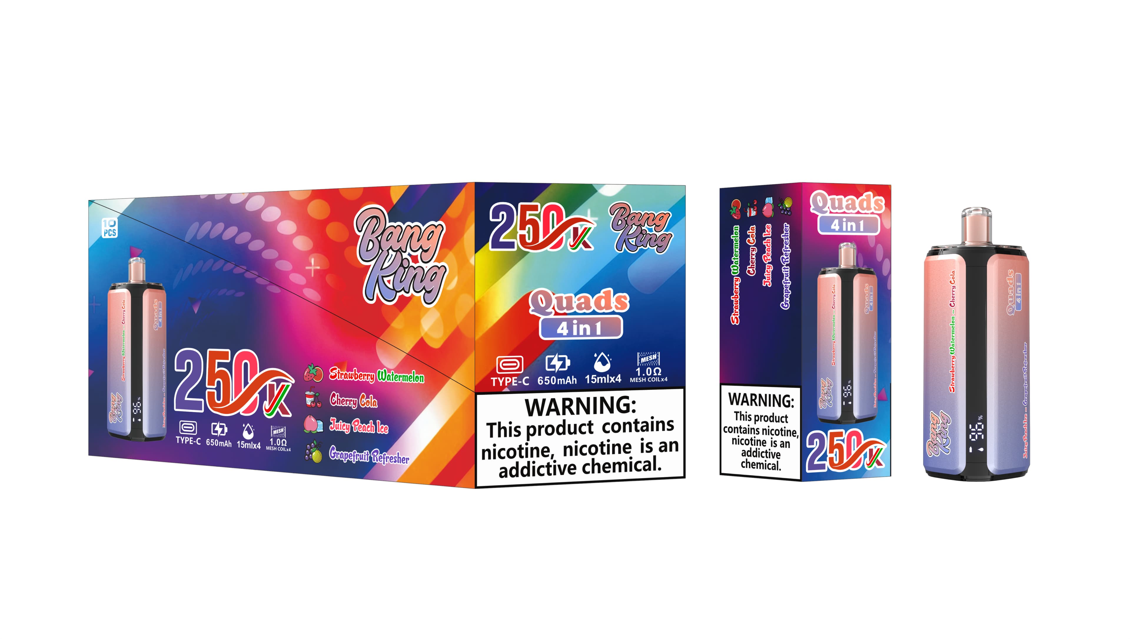 Cigarette électronique jetable Bang King de haute qualité, 250 000 bouffées, écran intelligent, 4 saveurs en 1, prix abordable.