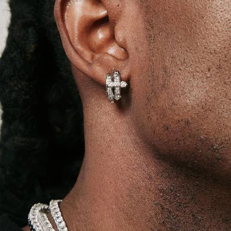 Popular ladder diamonds, zircon earrings, hip-hop trends, men's earrings, sword of justice