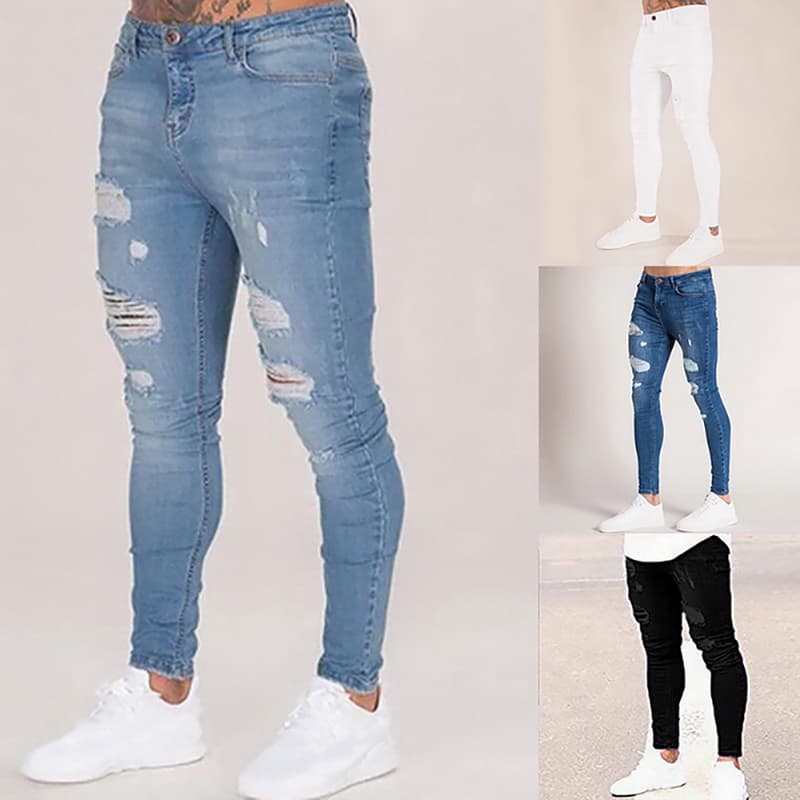 2023 Pencil Pant Elatic Sweatpant Men Fit Solid Ripped Denim Harem Pant Caual Black Blue White Detroyed Jean