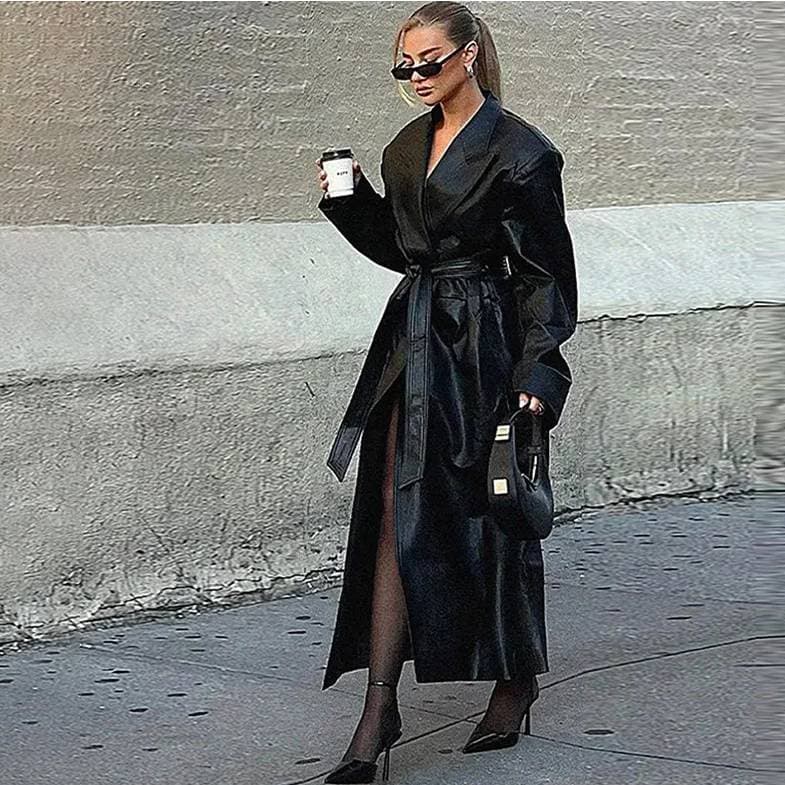 Women's Clothing Over The Knee Leather Coat Long Knee-Length Leather Jacket Fashionable Loose Fit Slimming Belted Trench Coat For Autumn & Spring​