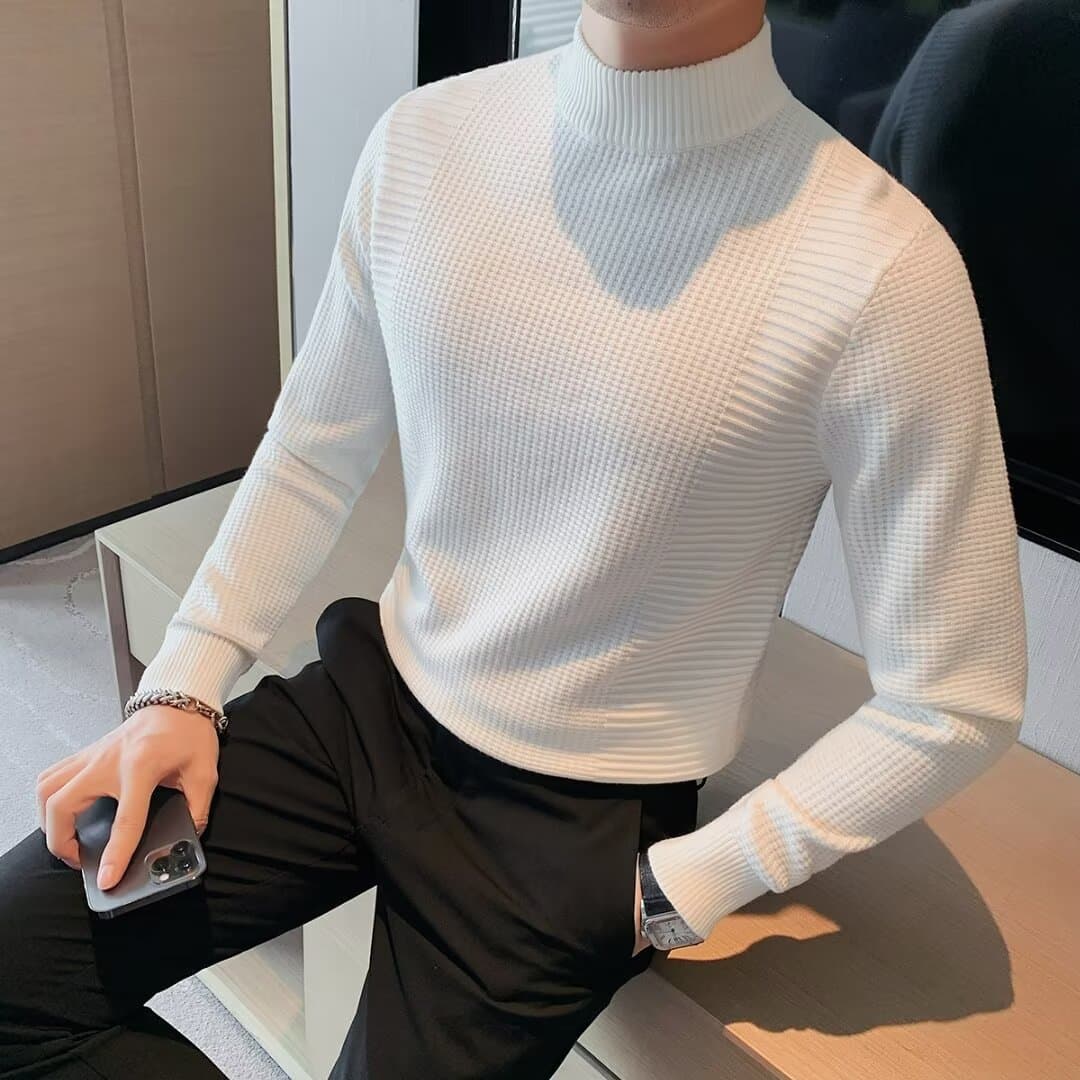 Autumn and winter new warm semi high neck sweater for men, slim fit knitted long sleeved versatile solid color base sweater