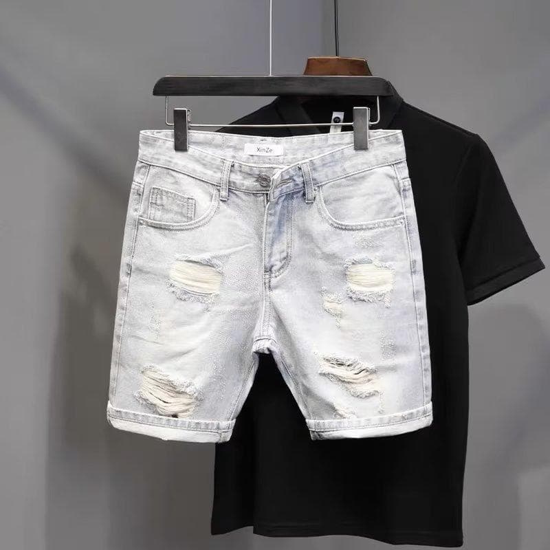 Men's Slim Fit Light White Cat Whisker Ripped Denim Pants 45 Cm Trendy Versatile Summer Style Distressed Jeans