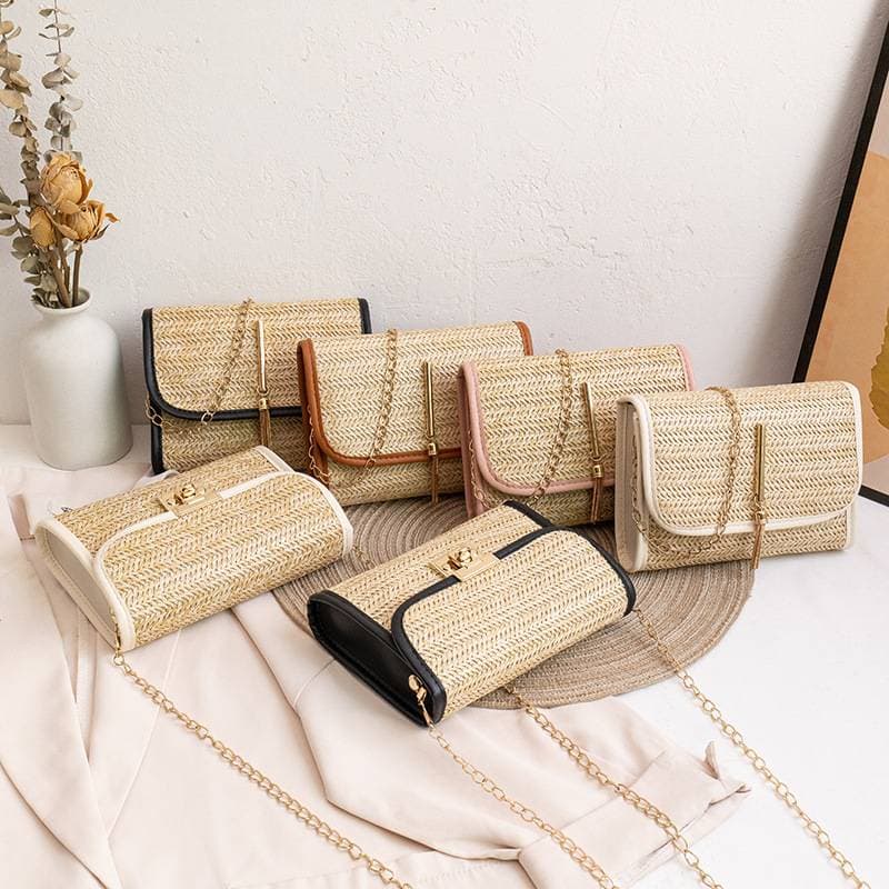 Fashion trend beach bag woven women's bag lock metal tassel small square bag casual simple mobile phone bag small bag