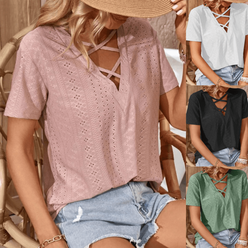 Breathable Jacquard Loose Fit V-Neck T-Shirt For Women & Men - Summer Casual Short Sleeve Top With Cutout Design (White, Black, Pink, Green, S-XXL)